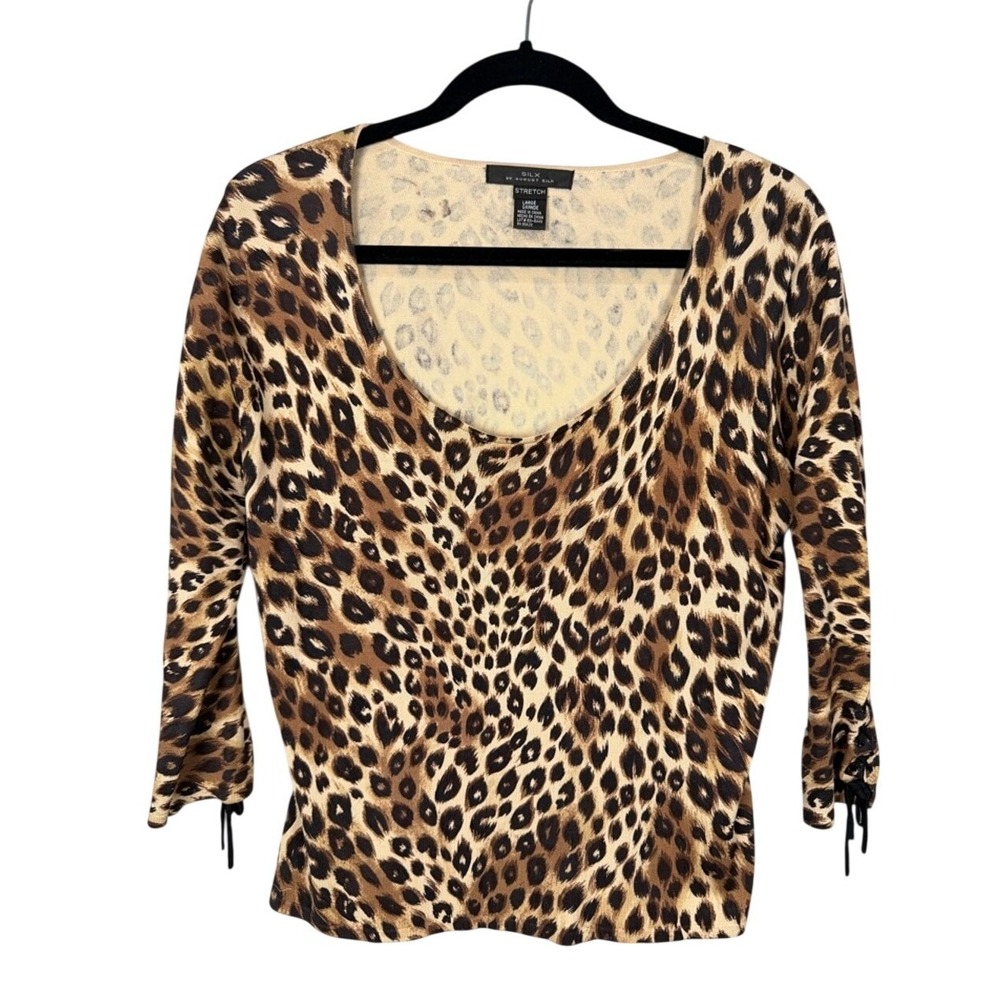 SILX BY AUGUST SILK Leopard Print Stretch‎ Knit Top Women's Large Lace Up Sleeve